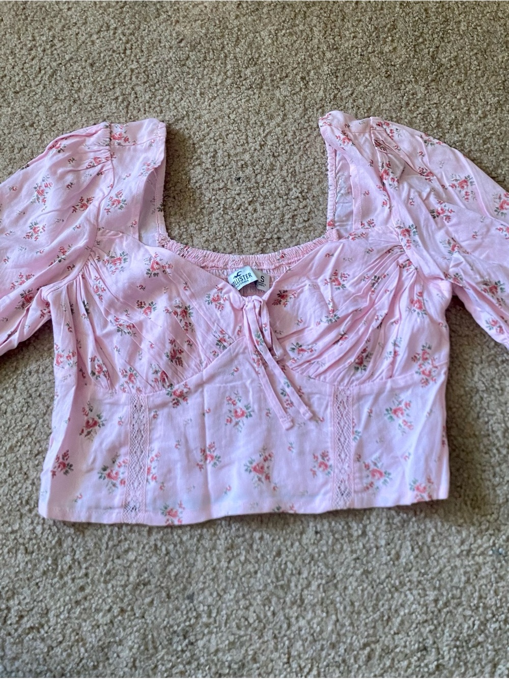 Hollister Pink Floral Cottagecore Crop Top Puff Sleeve Size S